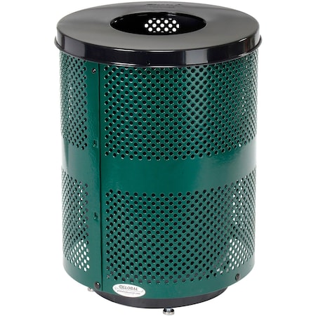 Global Industrial Outdoor Perforated Steel Trash Can With Flat Lid & Base, 36 Gallon, Green 261925GND